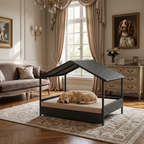 Rattan dog house with slanted canopy and cushioned bed, dark woven panel base