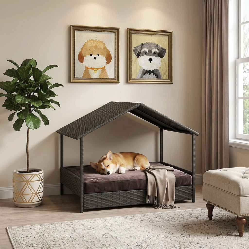 Rattan dog house with slanted canopy roof and cushioned bed, dark woven frame