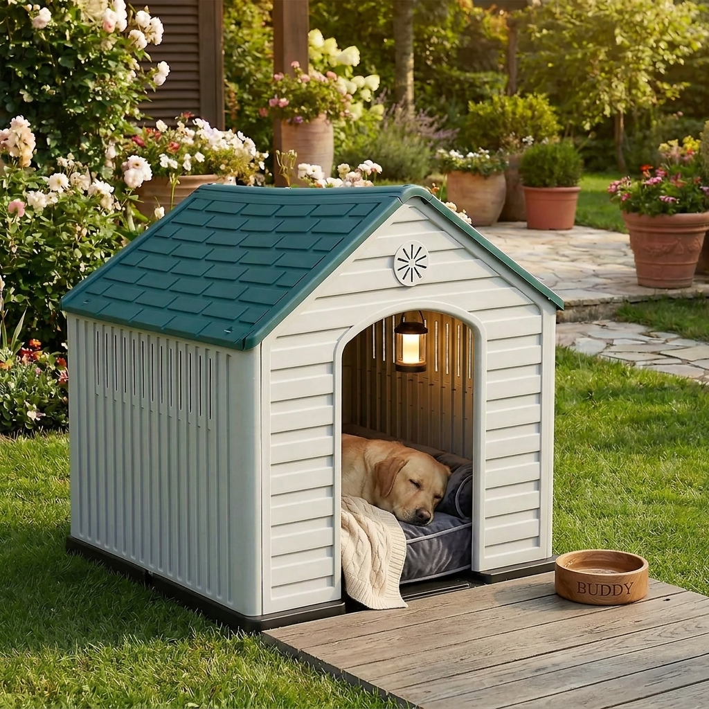 Plastic dog house with green roof, arched entrance, and warm porch light; dog inside