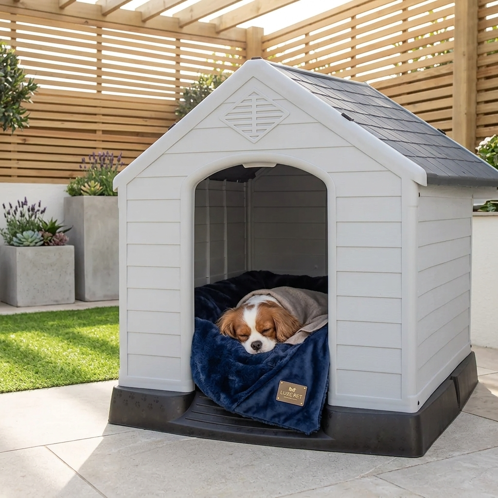Raised plastic dog kennel with ramp, white arched door; dog curled on blue blanket.