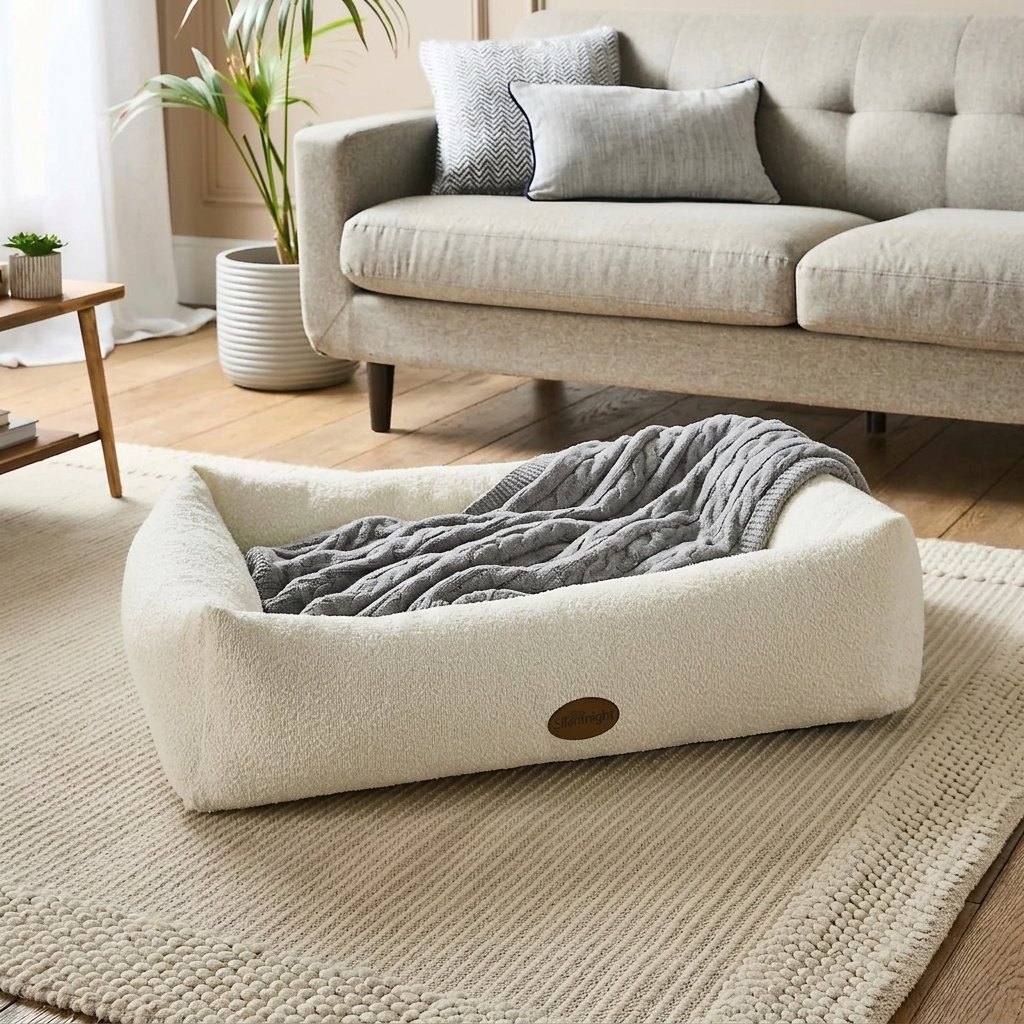 Cream bouclé pet nest bed with dark gray knitted blanket on top