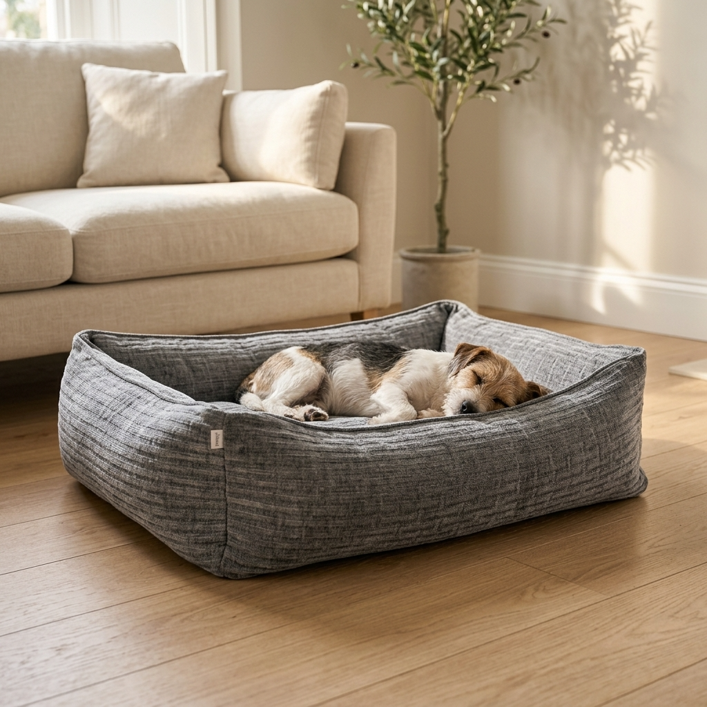 Gray corduroy orthopaedic pet bed with cushioned bolsters and textured fabric; two dogs resting
