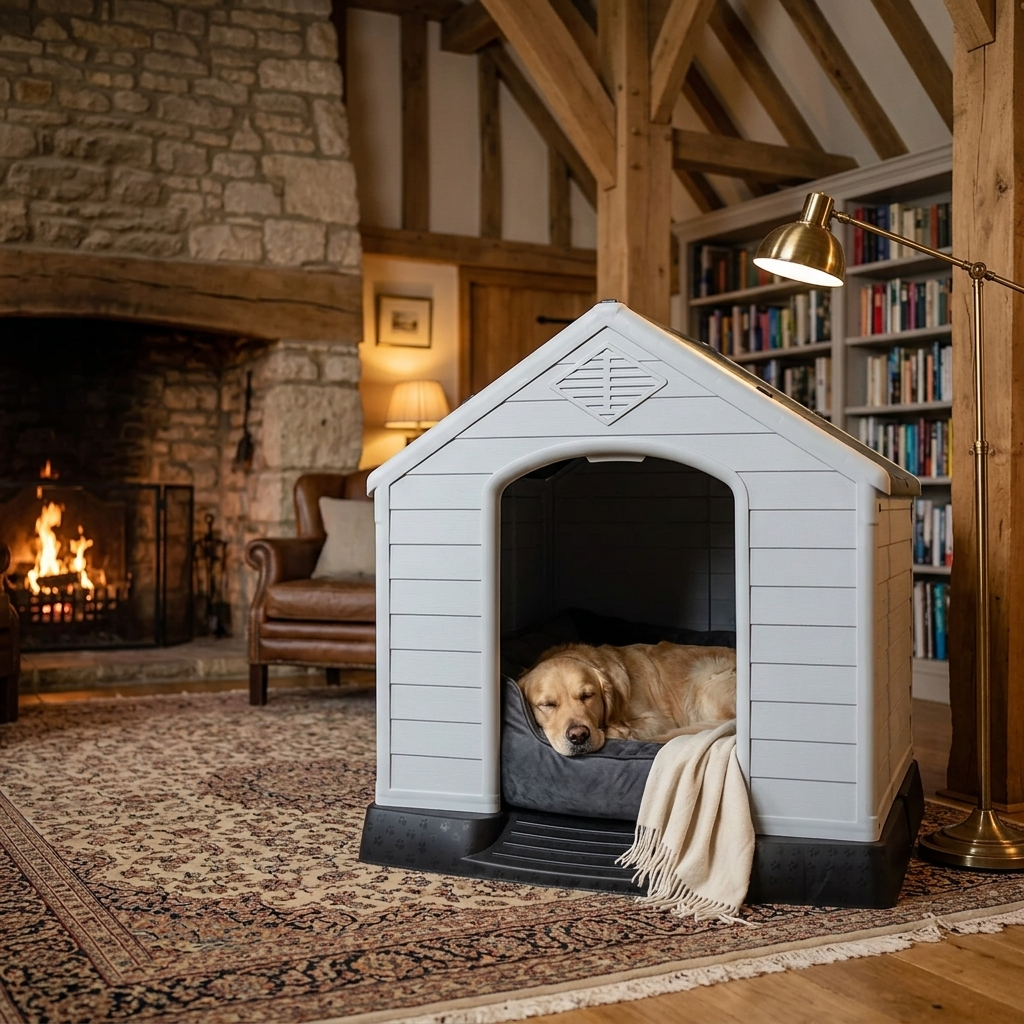Raised plastic dog kennel with ramp, white arched door; dog on dark cushion.