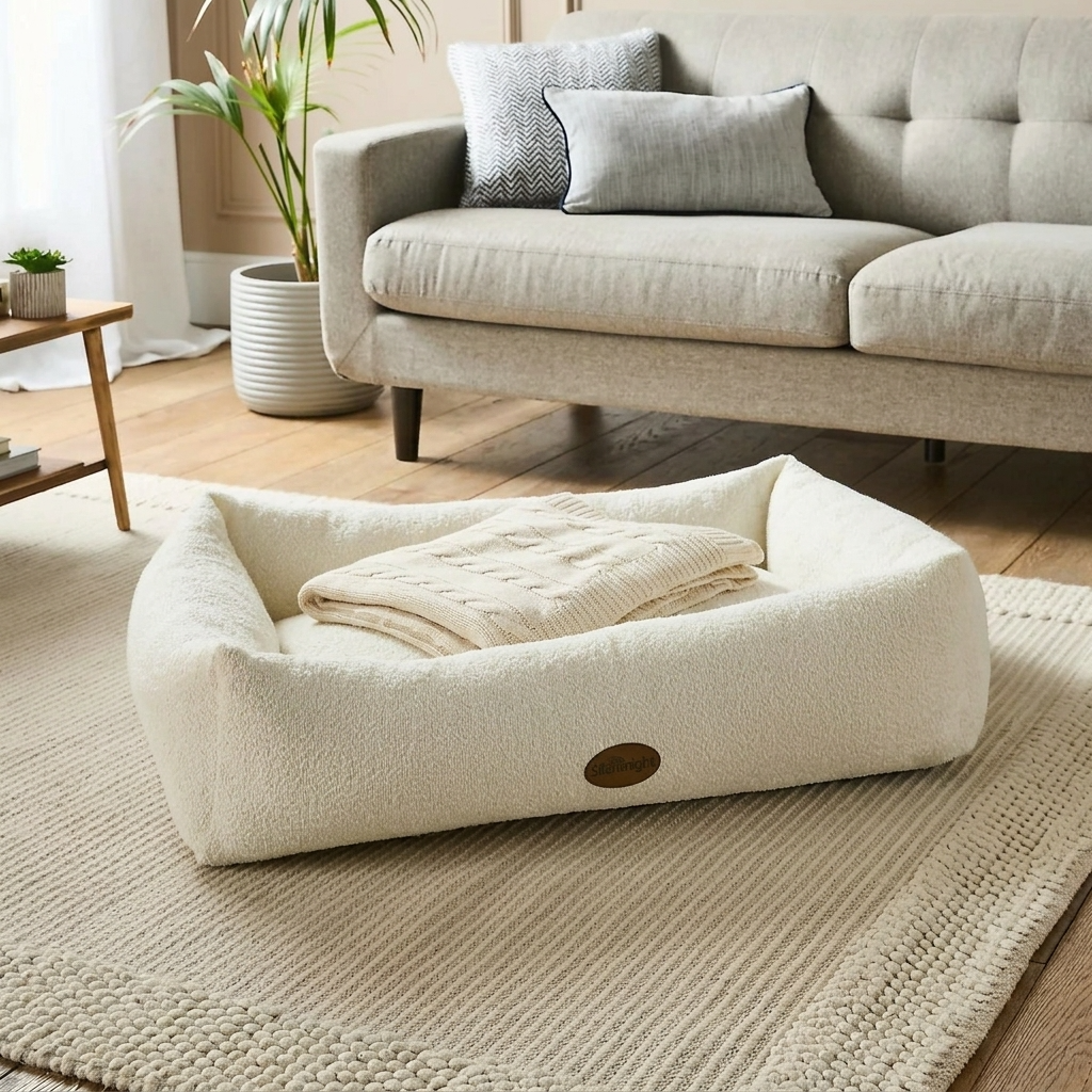 Cream bouclé pet nest bed with folded off-white blanket inside
