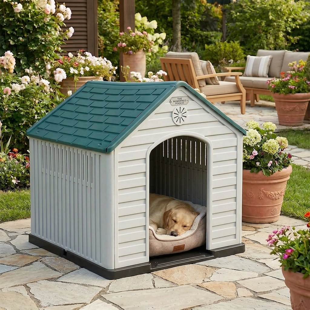 Navy and white plastic dog house with arched entrance and textured roof; dog sleeping inside