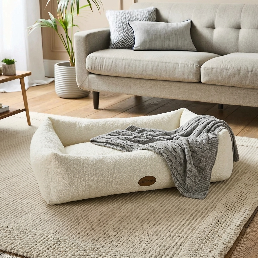 Cream bouclé pet nest bed with rolled backrest and gray knitted blanket
