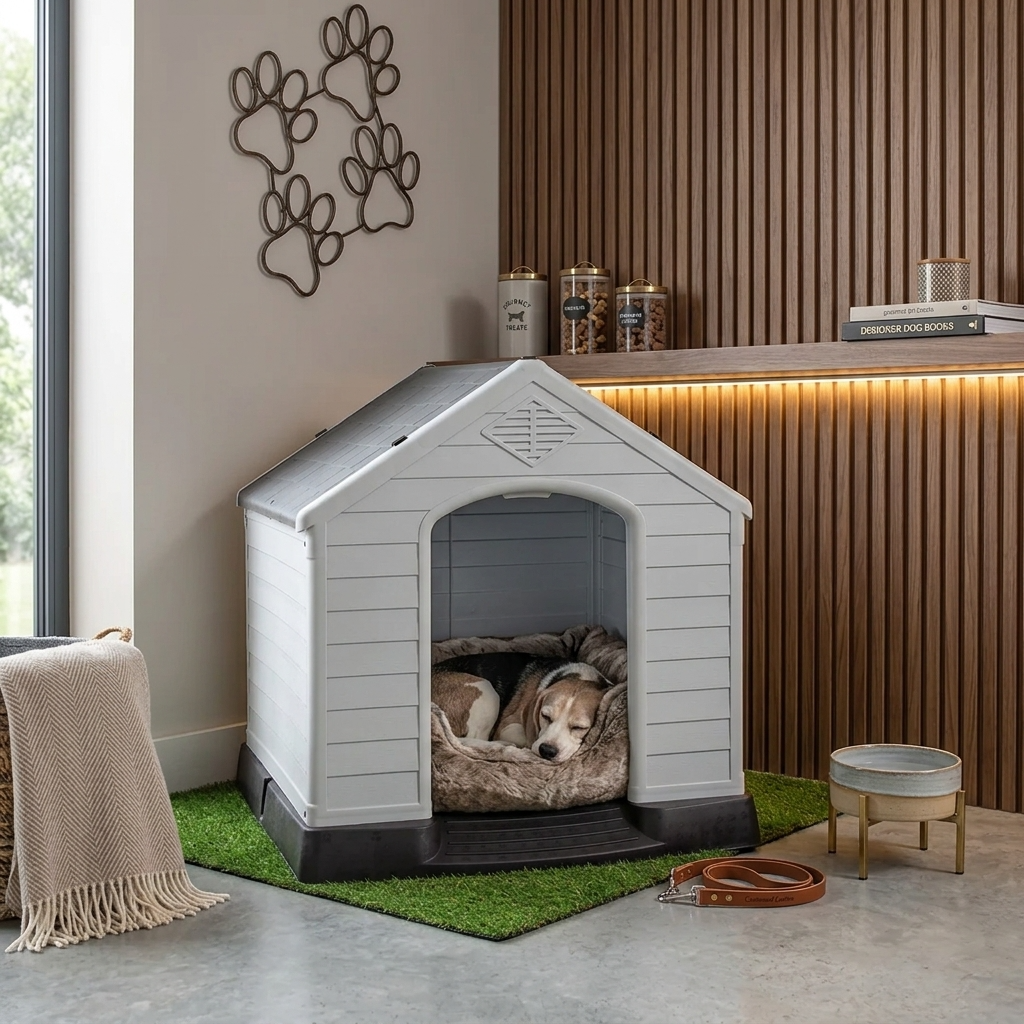 Raised plastic dog kennel with ramp, white arched door; dog on gray bed cushion.