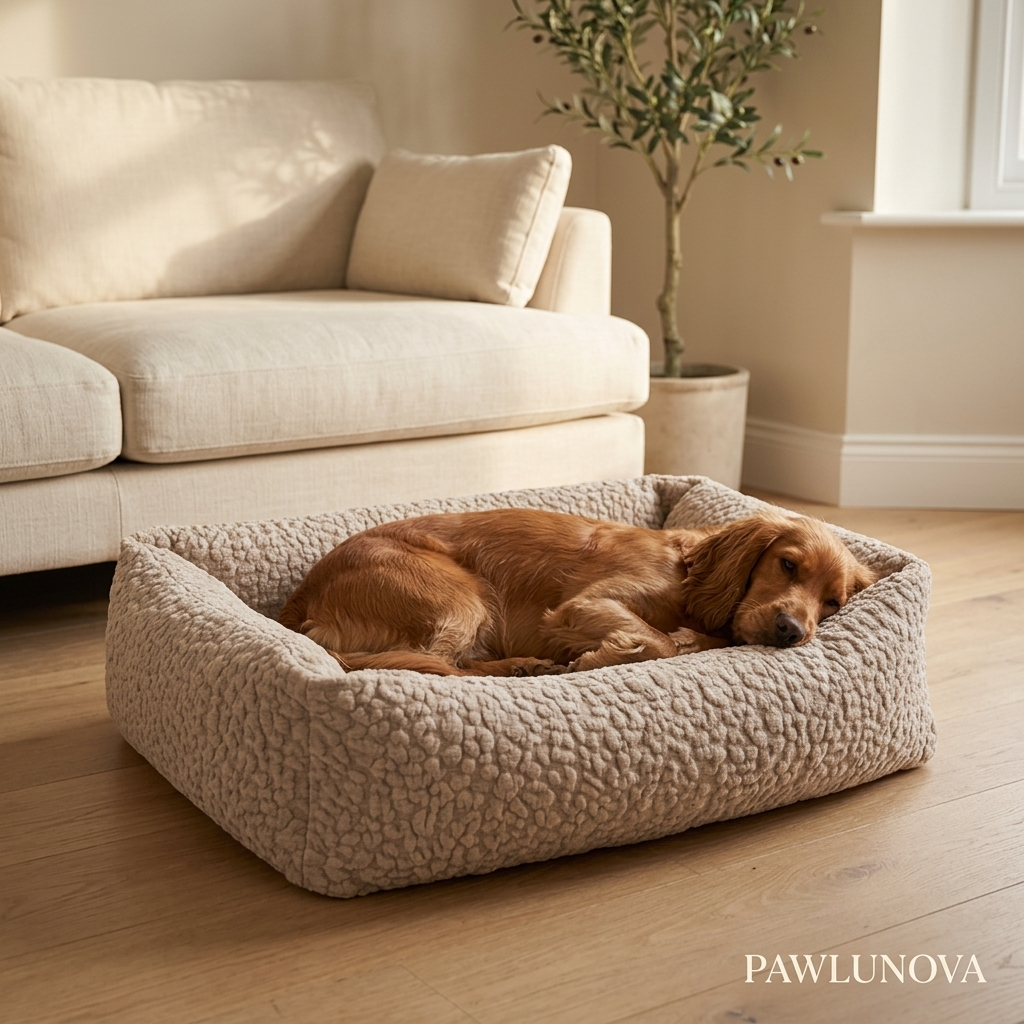 Beige corduroy orthopaedic pet bed with cushioned bolsters and textured fabric; dog resting