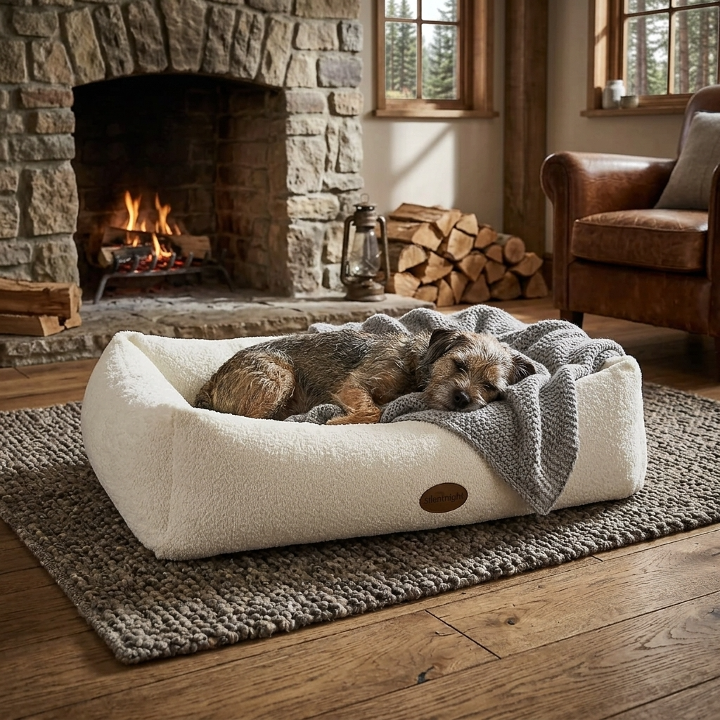 Cream bouclé pet nest bed with three dogs lying down and gray throw