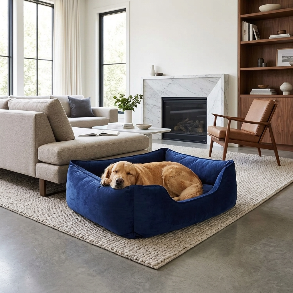 Blue velvet pet nest bed with supportive sides, golden dog lying inside