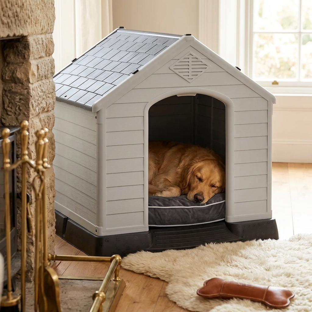 Raised plastic dog kennel with ramp, white arched entrance; tan dog on dark bed.