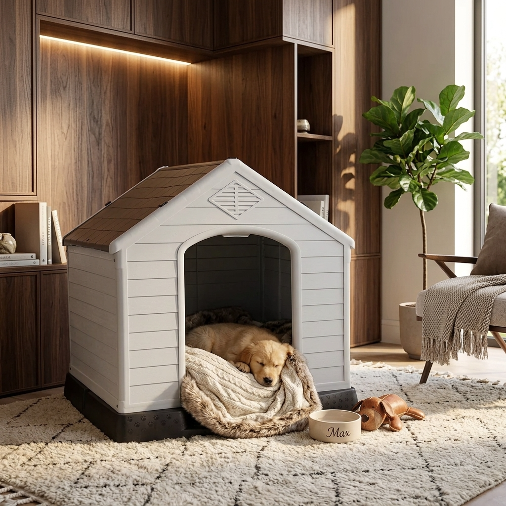 Raised plastic dog kennel with ramp, white arched door; dog on beige bed and blanket.