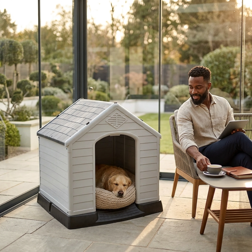 Raised plastic dog kennel with ramp, white arched door; dog lying on gray cushion.