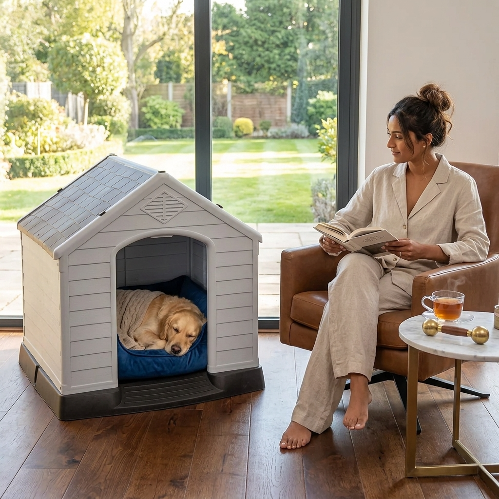 Raised plastic dog kennel with ramp, white arched entrance; dog resting on blue cushion.