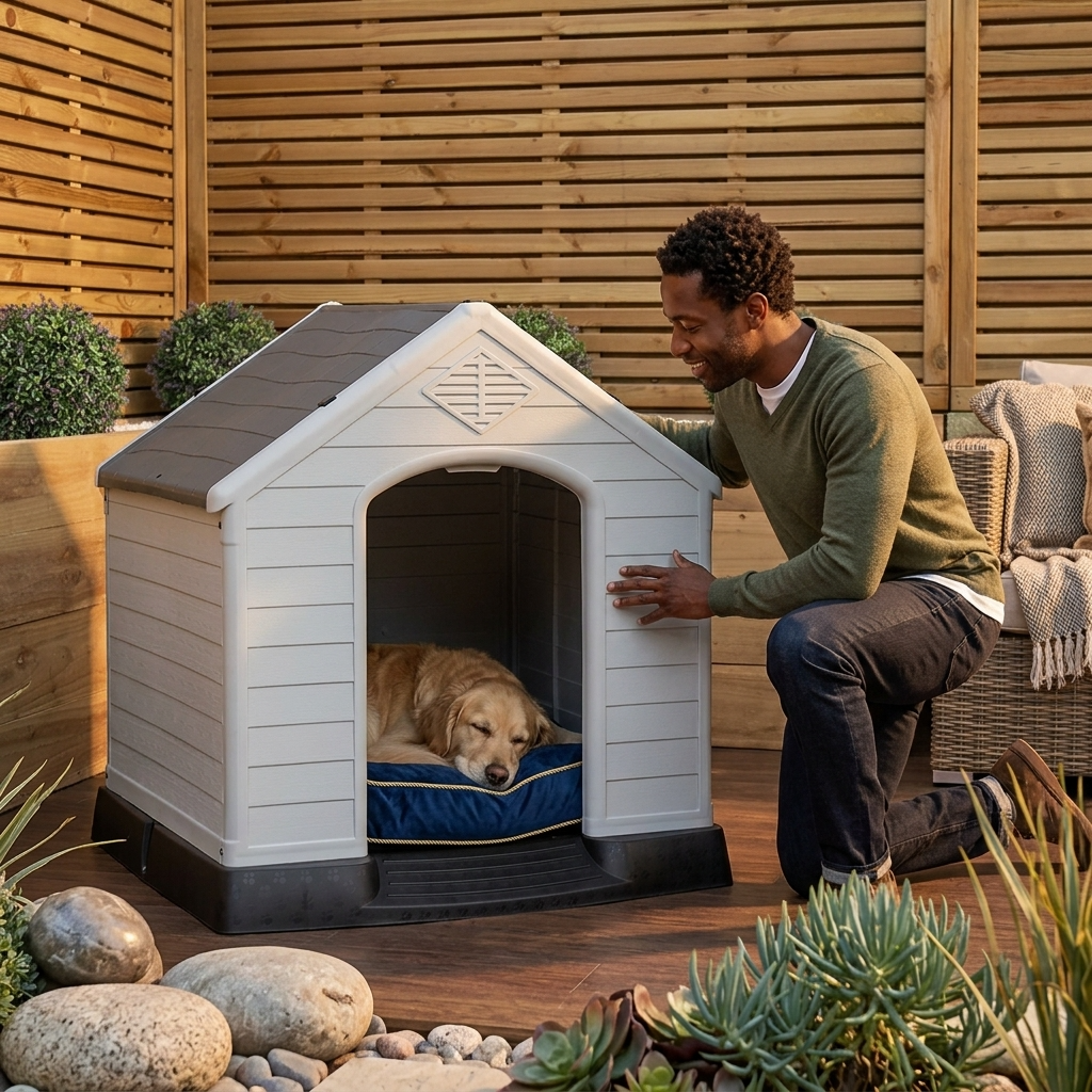 Raised plastic dog kennel with ramp, white arched door, black base; dog on blue bed.