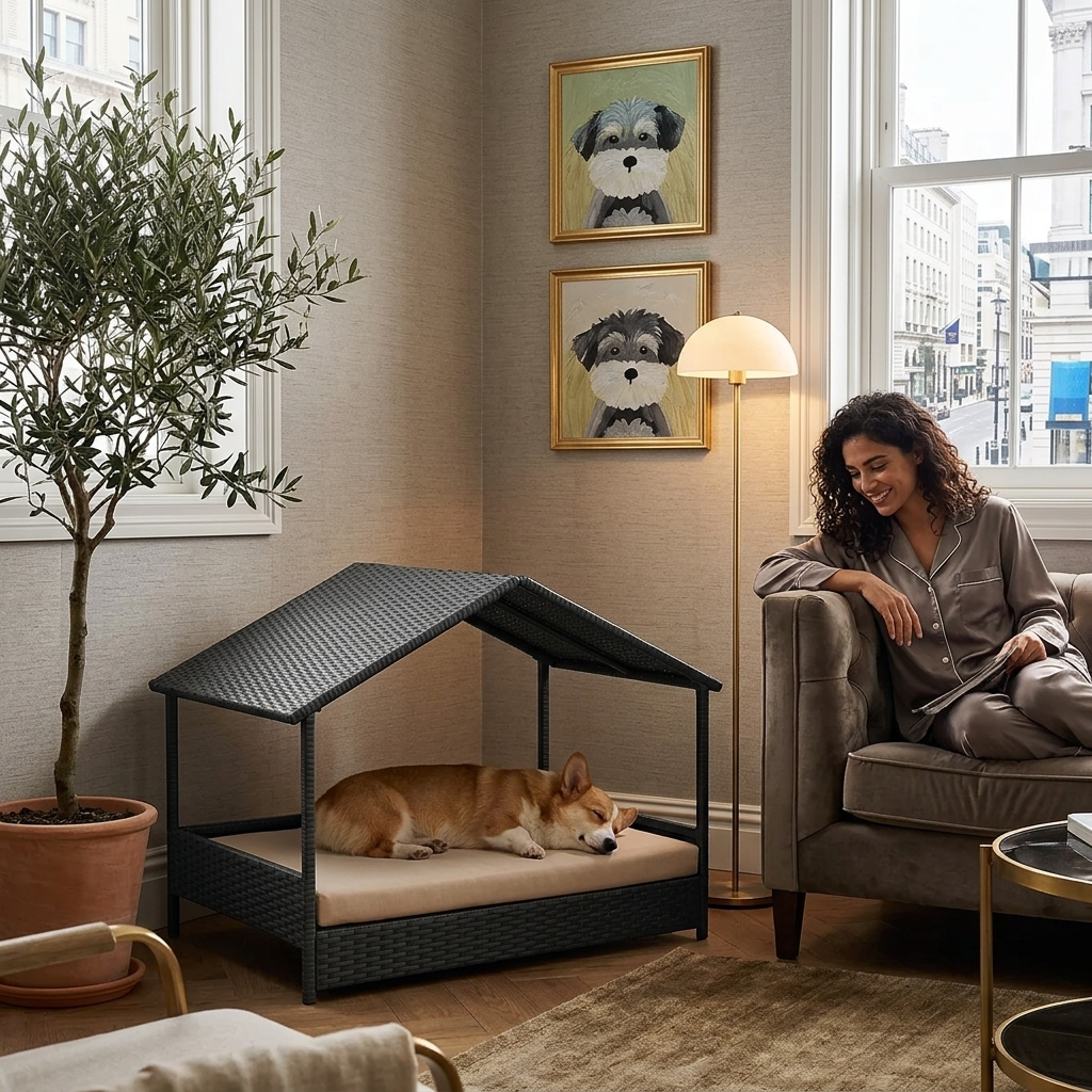 Rattan dog house with canopy roof and cushioned bed, open entry on dark woven base
