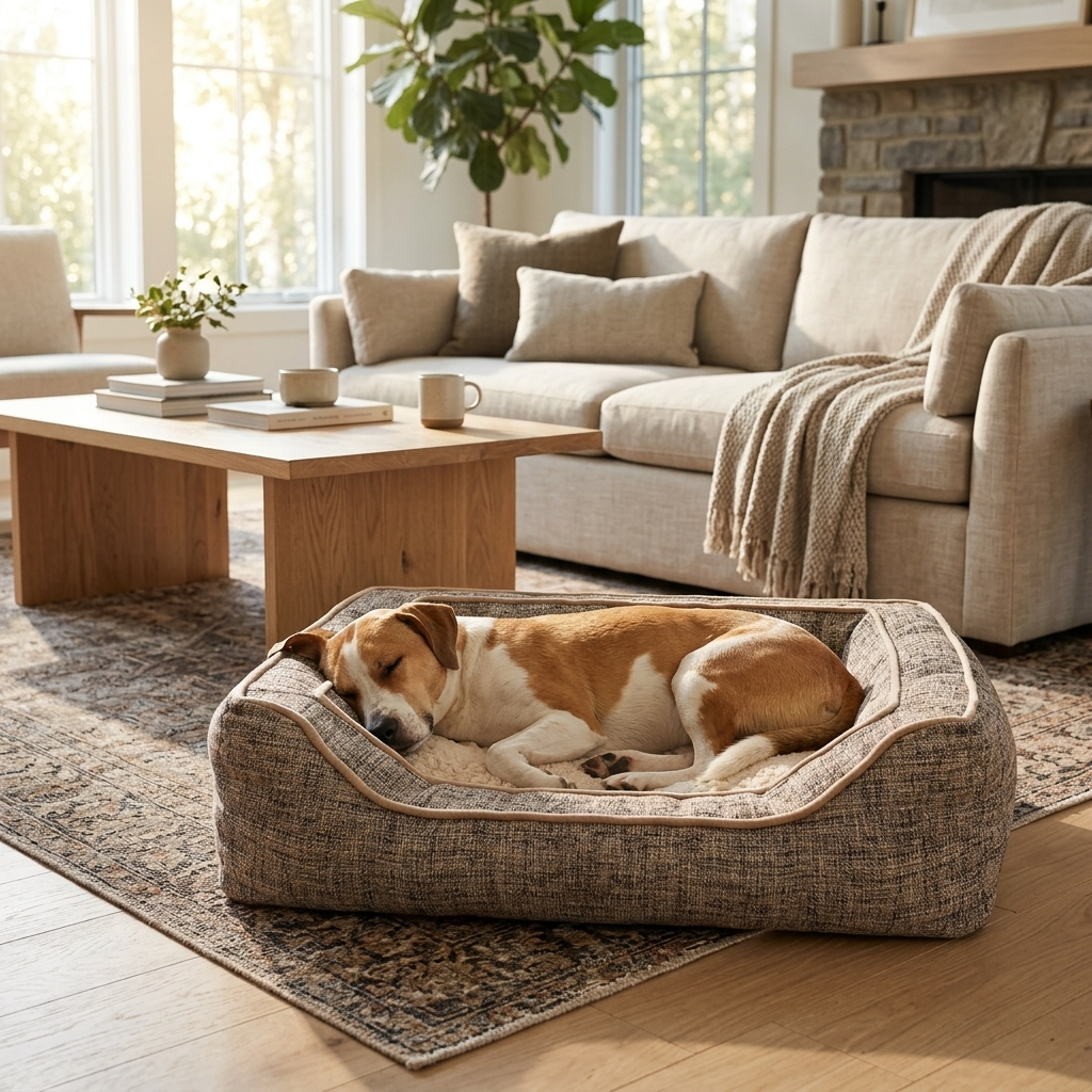 Reversible square fabric dog bed with rope-trim edge, dog lying on cushion.